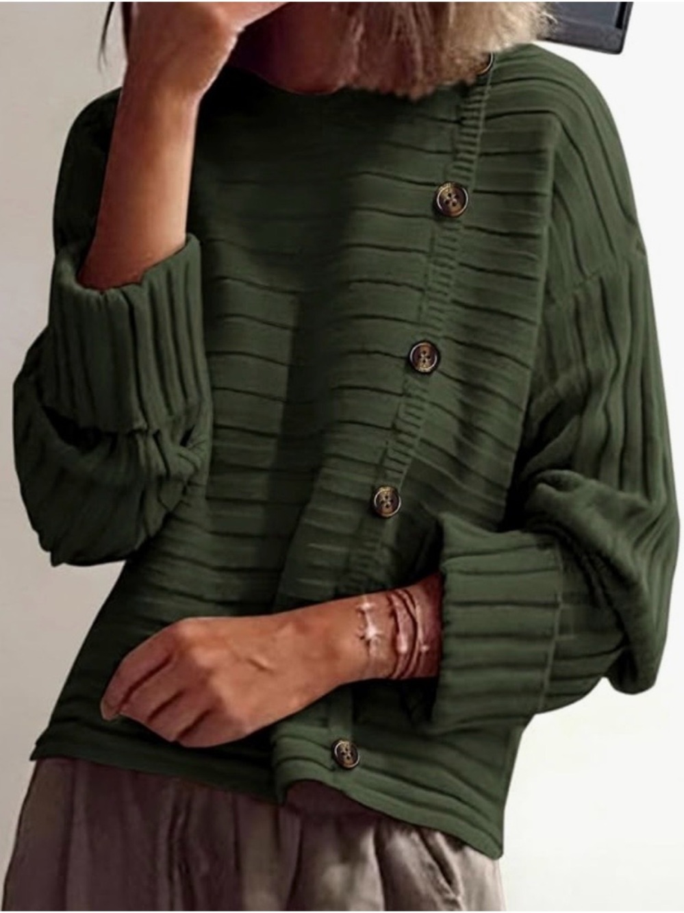 Olive Green Ribbed Button-Accent Women's Sweater - Picture 4 of 4